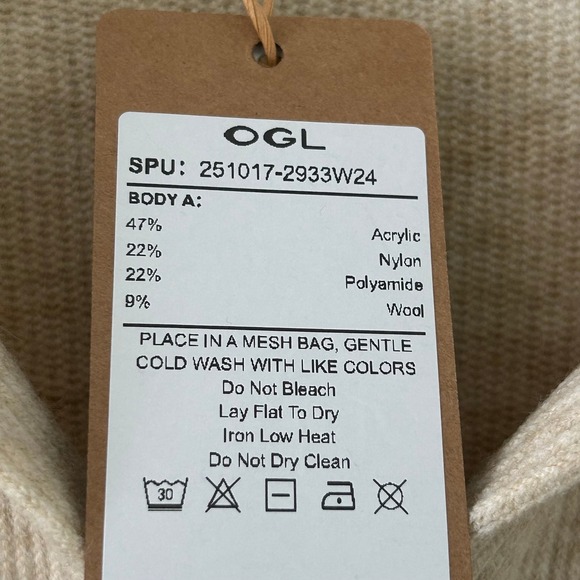 OGL Tan Ribbed Collared V-Neck Batwing Sleeve Pullover Top L Large New - Picture 7 of 7